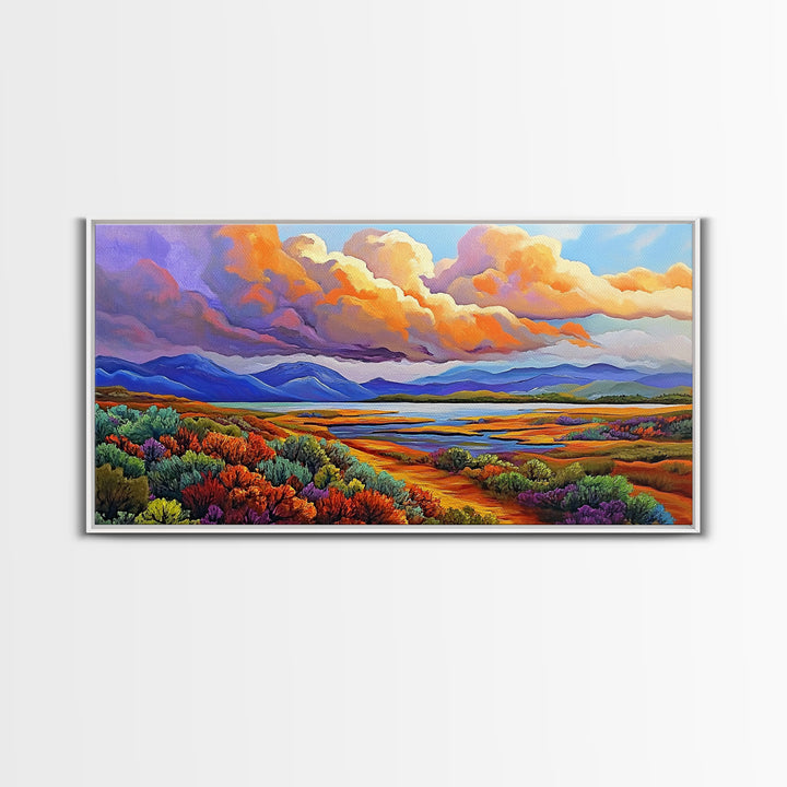 Autumn Mountains, Path, Landscape, Framed Canvas Print, serene autumn mountain scene with vibrant clouds, colorful field trail art
