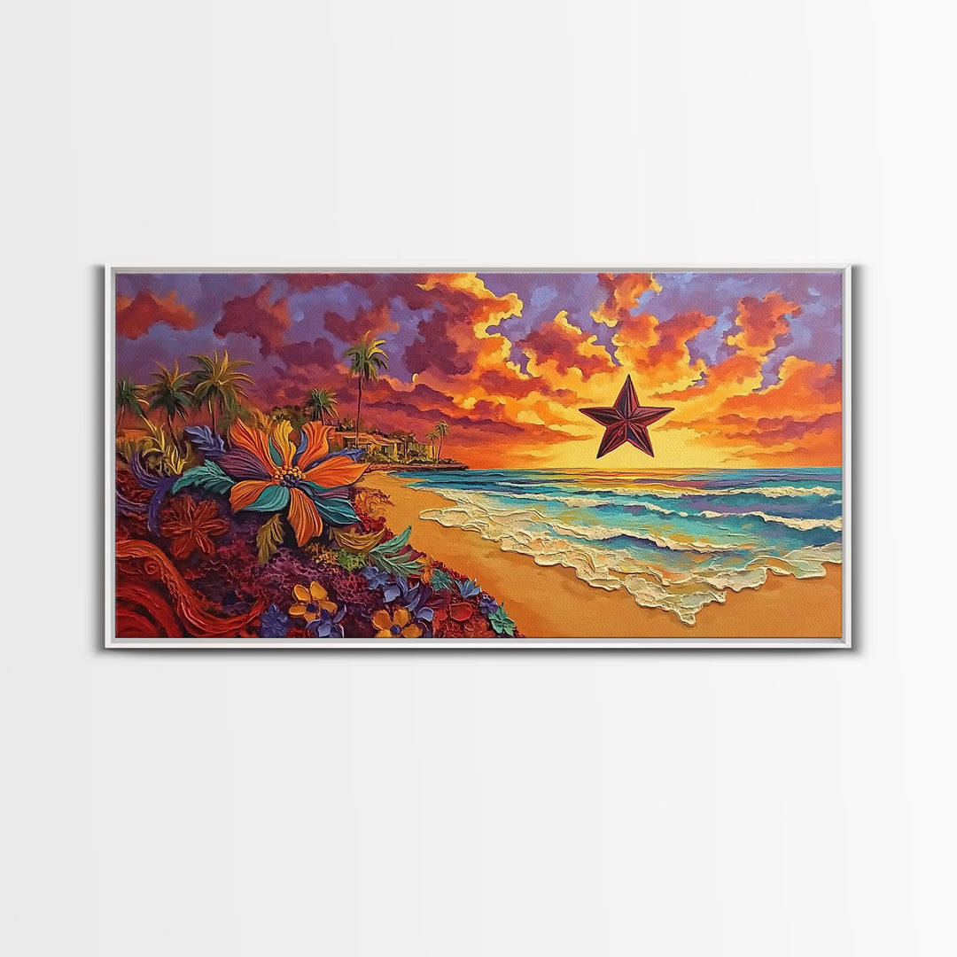 Beach Star, Flower, Sunset, Framed Canvas Print, beach sunset art with star, bold tropical flowers, palm trees, vivid sky, living room