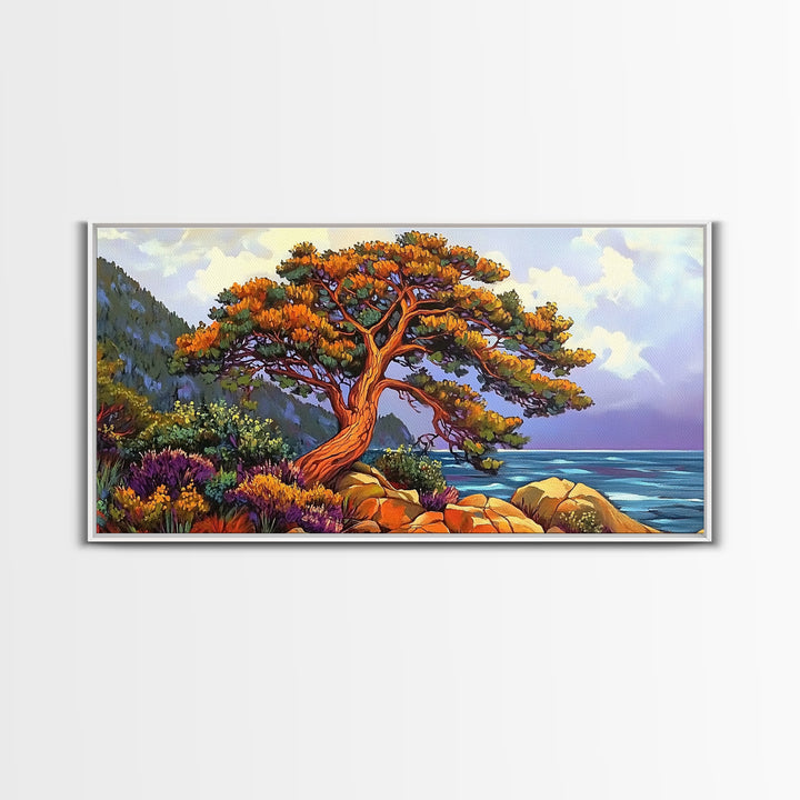 Coastal Tree, Sunset, Ocean, Vibrant tree coastal scene, Canvas Print, Fall Decor, Nature Art, Living Room Wall Art, Earthy Tones