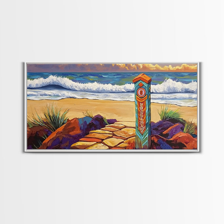 Beach Path, Waves, Nature, Ocean path with pillar, Framed Canvas Print, Coastal Decor, Vibrant Wall Art, Bathroom or Hallway Art