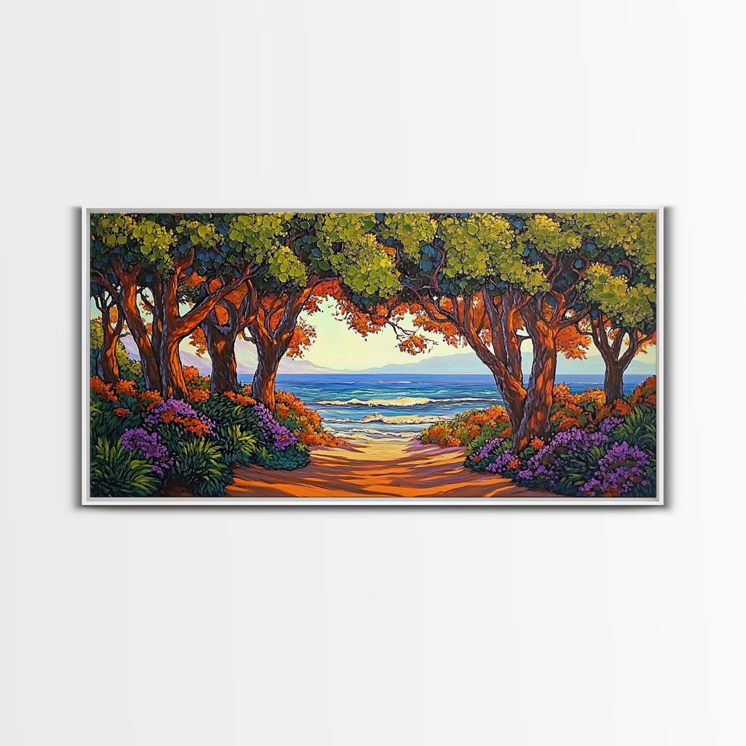 Beach Trees, Tunnel, Ocean, Sunset beach tunnel view, Framed Canvas Print, Coastal Boho Decor, Romantic Seaside Wall Art