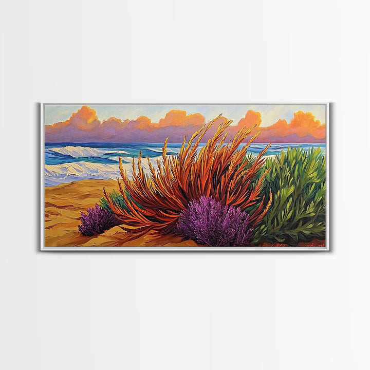 Beach, Sunset, Grasses, Coastal, Canvas Print, Tropical coastal wall art, desert beach boho art, modern bathroom art, hallway decor