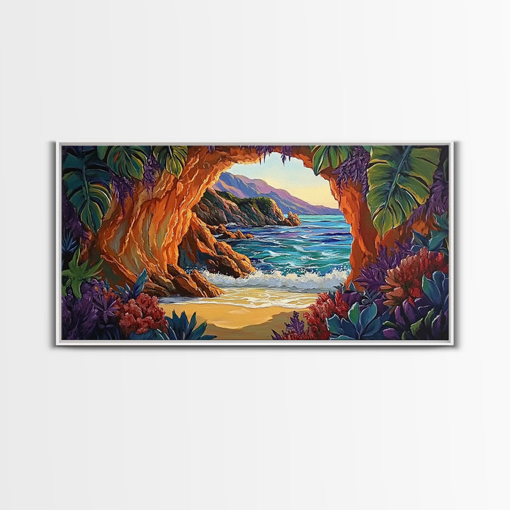 Cave, Beach, Jungle, Ocean, Canvas Print, Coastal jungle scene, tropical beach view, living room or entryway boho wall decor
