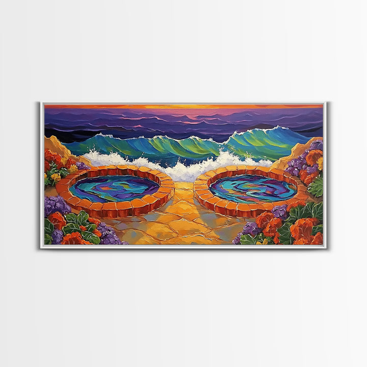 Hot Tubs, Ocean, Sunset, Waves, Framed Canvas Print, Seaside spa art, whimsical coastal print, boho beach bathroom art, spa decor