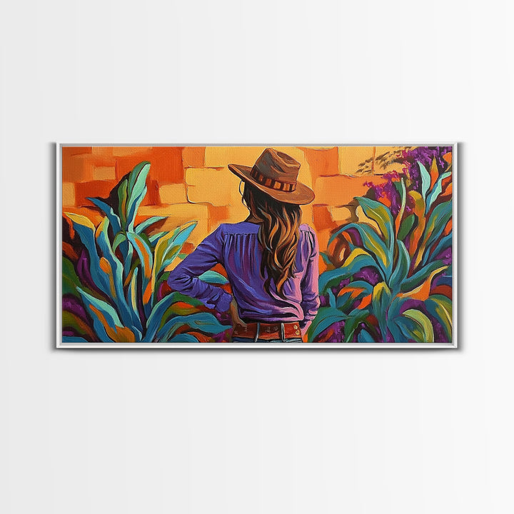 Cowgirl Desert, Vibes, Art, Framed Canvas Print, Western woman cactus wall art, rustic country home decor, southwestern living room