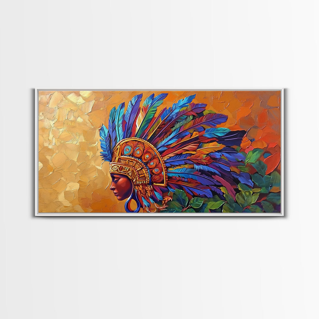 Aztec Warrior, Headpiece, Art, Framed Canvas Print, Indigenous feather headdress wall decor, bold bohemian accent, office statement