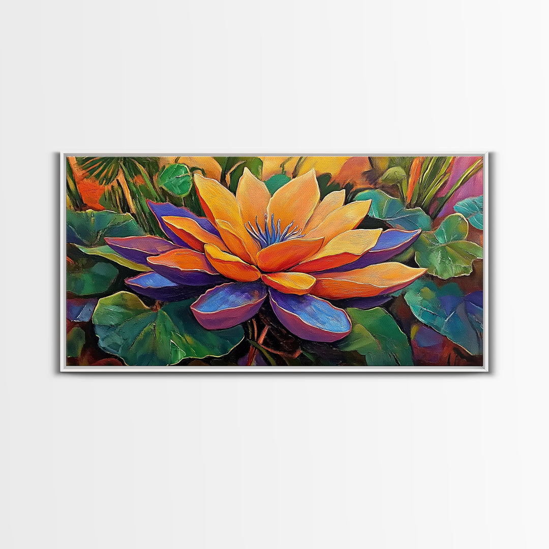 Lotus Bloom, Garden, Art, Framed Canvas Print, Vibrant lotus flower artwork, zen boho decor, meditation room or bathroom wall art
