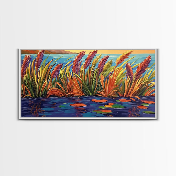 Autumn Lakeside, Grasses, Art, Framed Canvas Print, Fall coastal reed painting, rustic harvest decor, nature print, living room wall