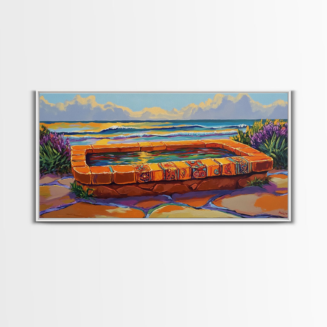 Ocean Terrace, Bath, Scene, Framed Canvas Print Mexican tile spa ocean view, tropical coastal wall art, vibrant bathroom or garden print