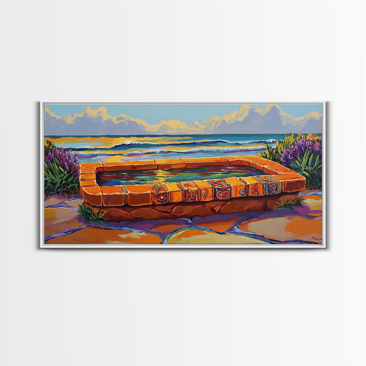 Ocean Terrace, Bath, Scene, Framed Canvas Print Mexican tile spa ocean view, tropical coastal wall art, vibrant bathroom or garden print