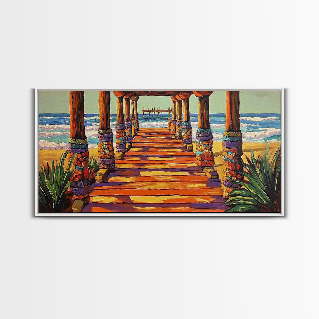 Pier Beach, Sunset, Vibrant, Canvas Print tropical coastal wall art, beach hallway decor, ocean waves painting, summer home artwork