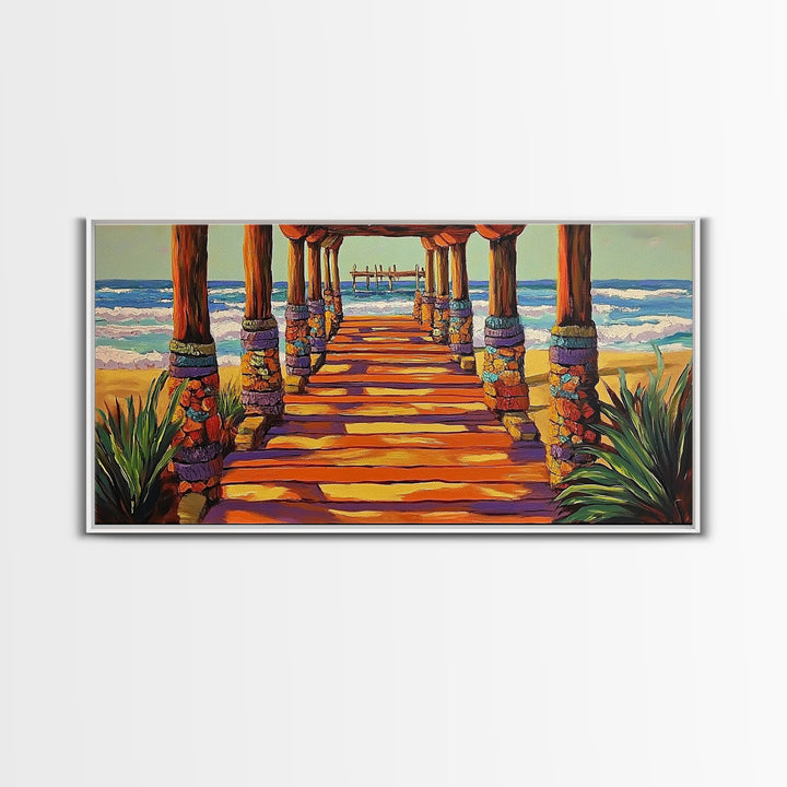 Pier Beach, Sunset, Vibrant, Canvas Print tropical coastal wall art, beach hallway decor, ocean waves painting, summer home artwork