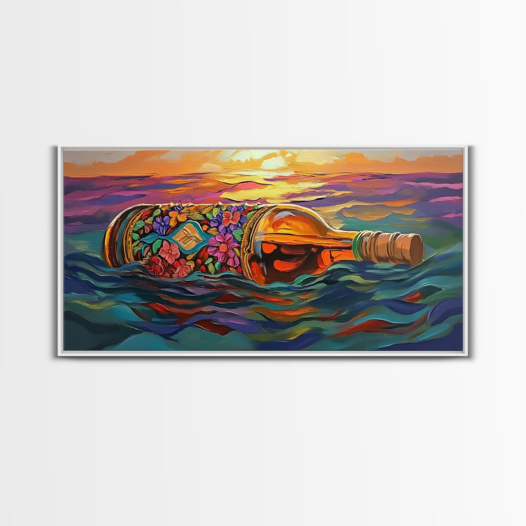 Bottle Ocean, Sunset, Flowers, Framed Canvas Print tropical beach bathroom decor, coastal boho wall art, floral message bottle painting
