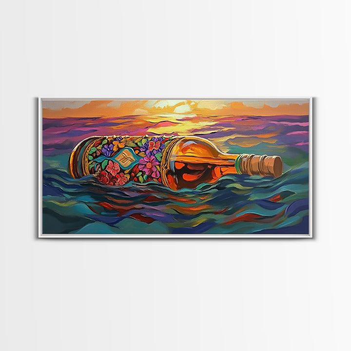 Bottle Ocean, Sunset, Flowers, Framed Canvas Print tropical beach bathroom decor, coastal boho wall art, floral message bottle painting