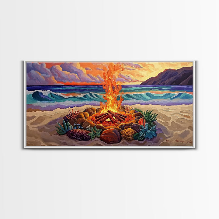 Beach Campfire, Sunset, Tropical Vibes, island evening Canvas Print, fall boho decor, colorful beach firepit living room wall art