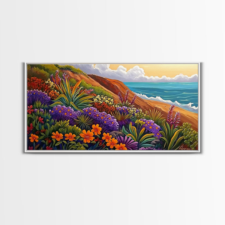 Coastal Floral, Landscape Painting, Canvas Print, vibrant beach flowers, ocean view wall decor, boho style Living Room Wall Art