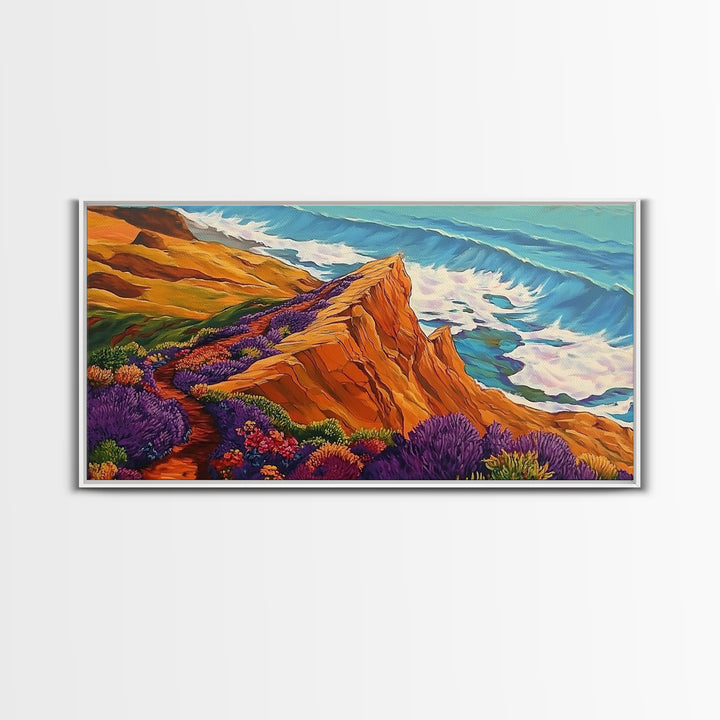 Cliff Flowers, Ocean Horizon, Framed Canvas Print, bold floral bluff, coastline scene, vibrant scenic Kitchen Wall Art, boho decor