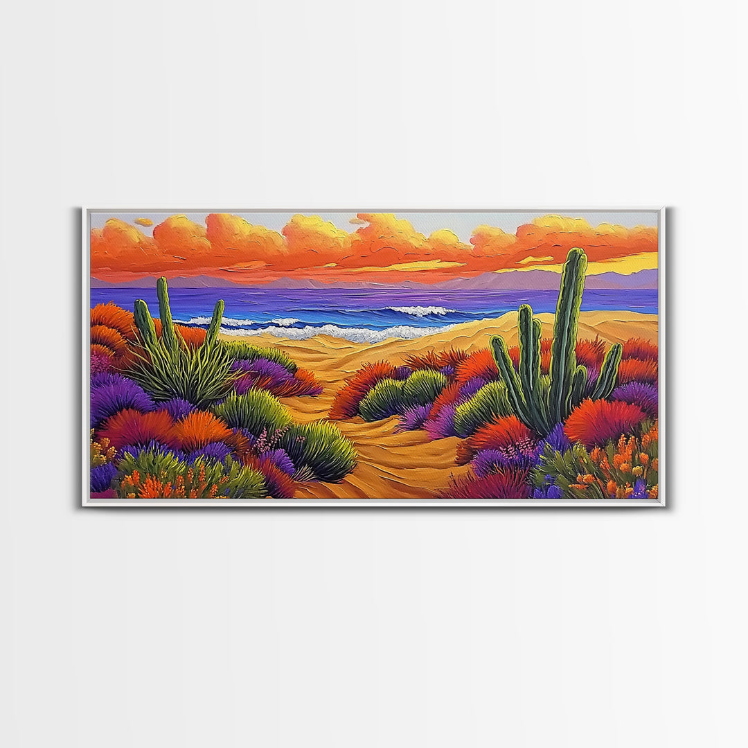 Cactus Sunset, Desert Painting, Framed Canvas Print, vibrant desert coastline, colorful flora, boho ar,t Southwest Style Entryway