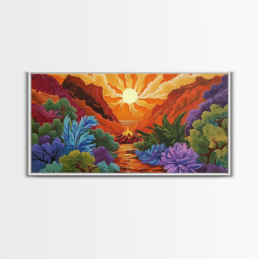 Campfire Valley, Sunset, Vivid Sky, bright forest Canvas Print, fall nature decor, bold boho fire painting, cozy cabin wall art