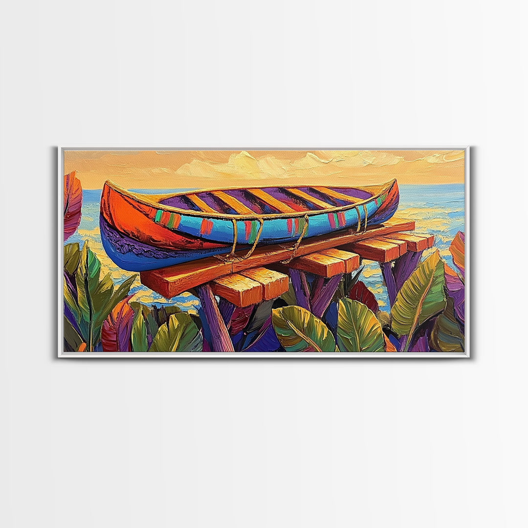 Canoe Dock, Ocean, Bold Palette, vibrant tropical Canvas Print, nautical boho art, playful beach house wall decor, summer vibes