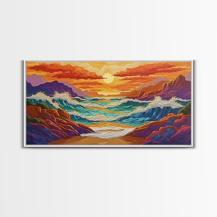 Coastal Sunset, Crashing, Waves, Canvas Print bold seascape painting Living Room Wall Art tropical ocean wall decor beach house style
