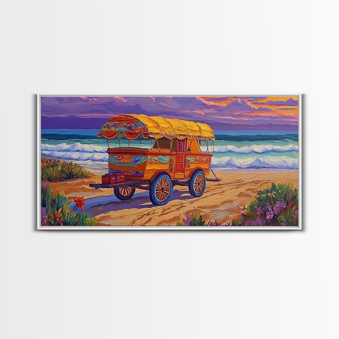 Beach Wagon, Sunset, Nostalgia, Canvas Print vintage coastal travel art Living Room Wall Art boho beach scene summer home vibe