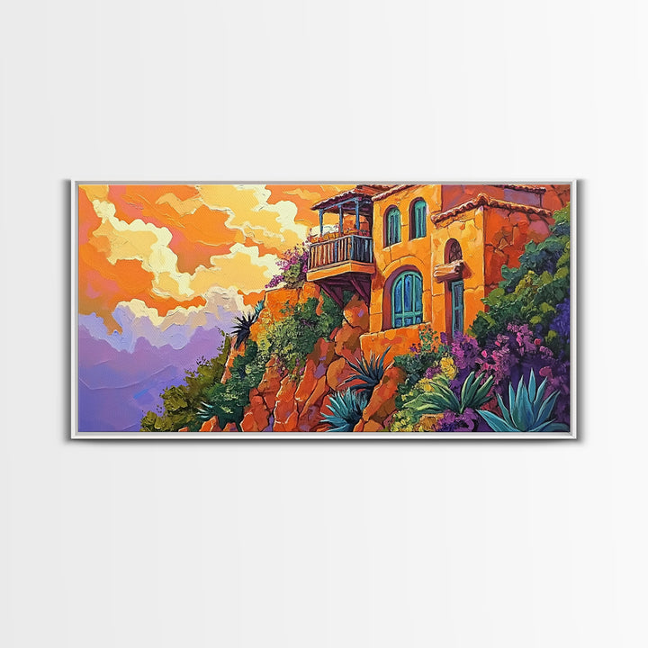 Cliffside House, Sunset, View, Desert boho mountain house, colorful Canvas Print, living room wall art, dramatic sky landscape painting