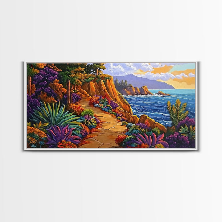 Pathway Ocean, Flowers, Escape, Coastal trail wall art, vibrant Canvas Print, bedroom nature painting, colorful California coast style
