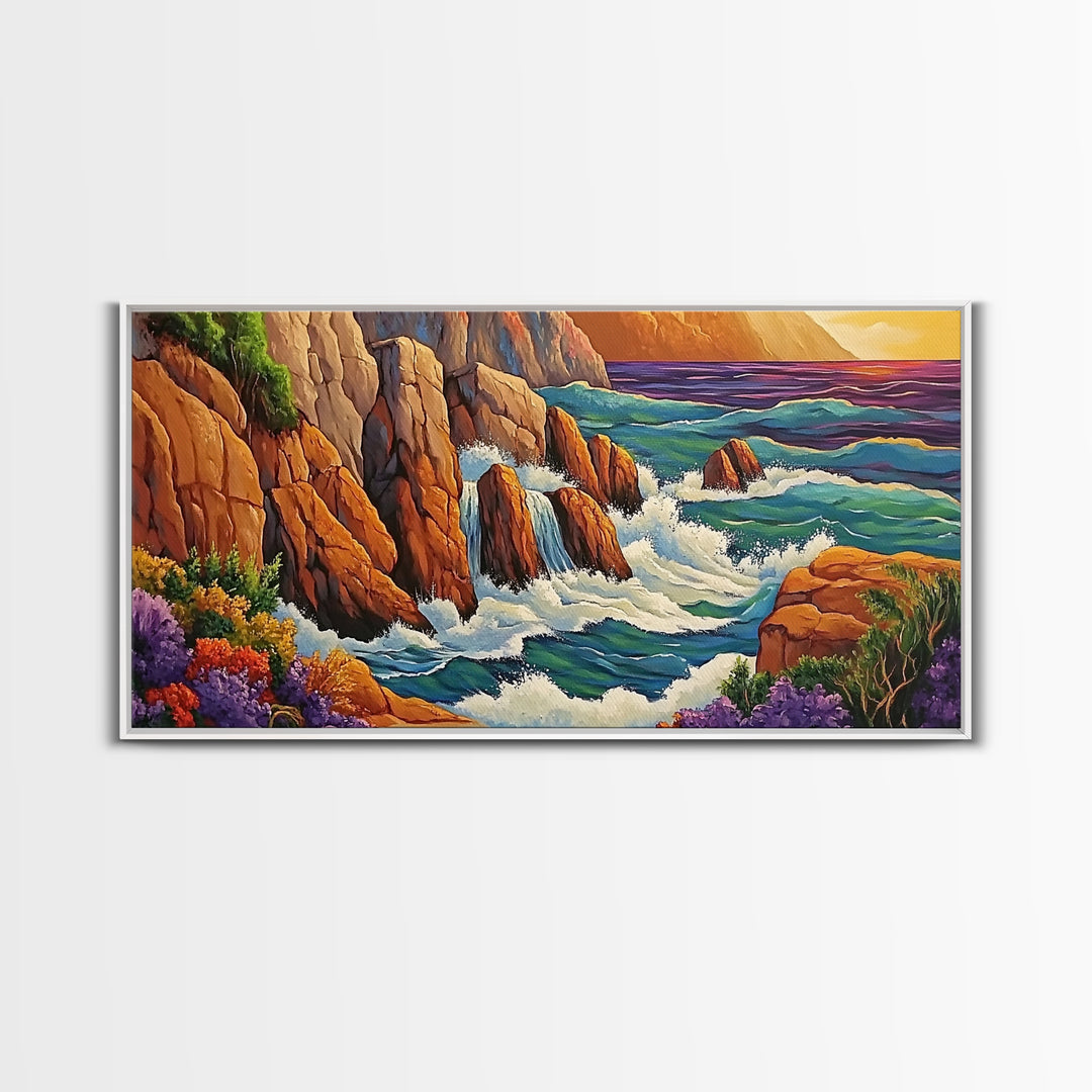 Rocks Waves, Sea, Energy, Dramatic cliff seascape Canvas Print, living room wall art, bold ocean decor, coastal energy painting