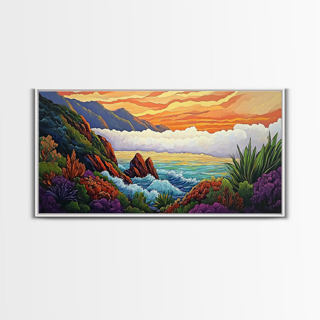 Ocean Sunset, Hills, Tropical, Serene beach Canvas Print, tropical landscape wall art, calming sunset painting, living room boho decor