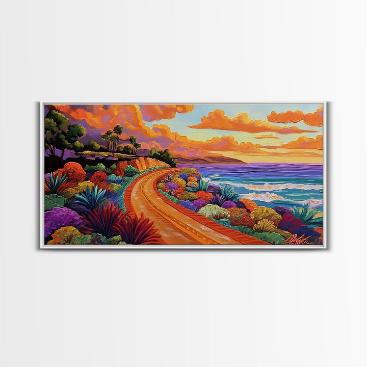 Coastal Train, Sunset, Framed Canvas Print, Vibrant coastal sunset railway painting, Colorful beachscape boho art, Hallway Wall Art