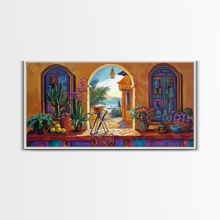 Archway Ocean, Tropical, Framed Canvas Print, Colorful tropical patio view through arch, Mexican coastal decor, Dining Wall Art