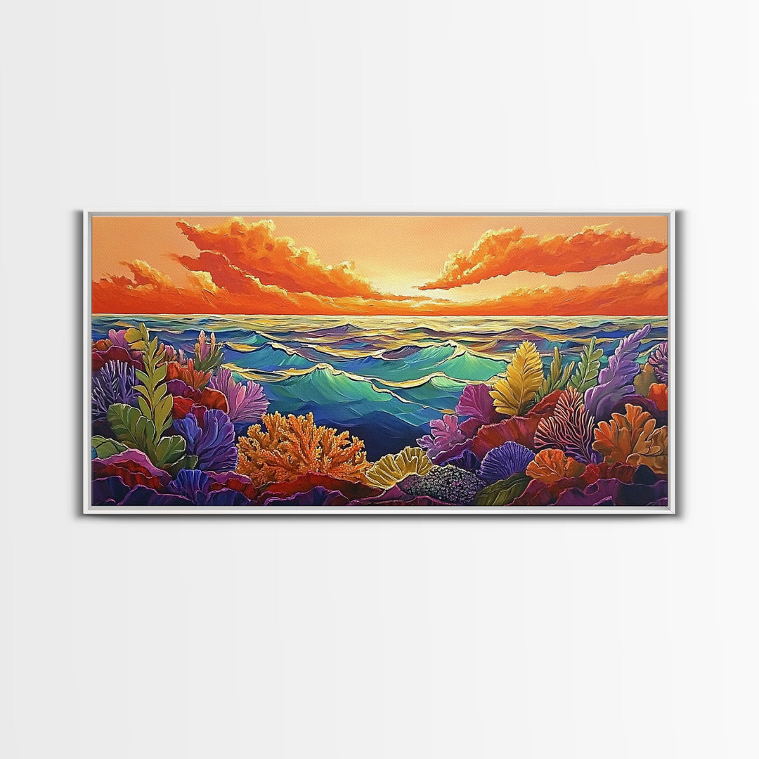 Coral Ocean, Sunset, Framed Canvas Print, Underwater coral reef at sunset painting, Ocean lover gift idea, Coastal Spa Wall Art