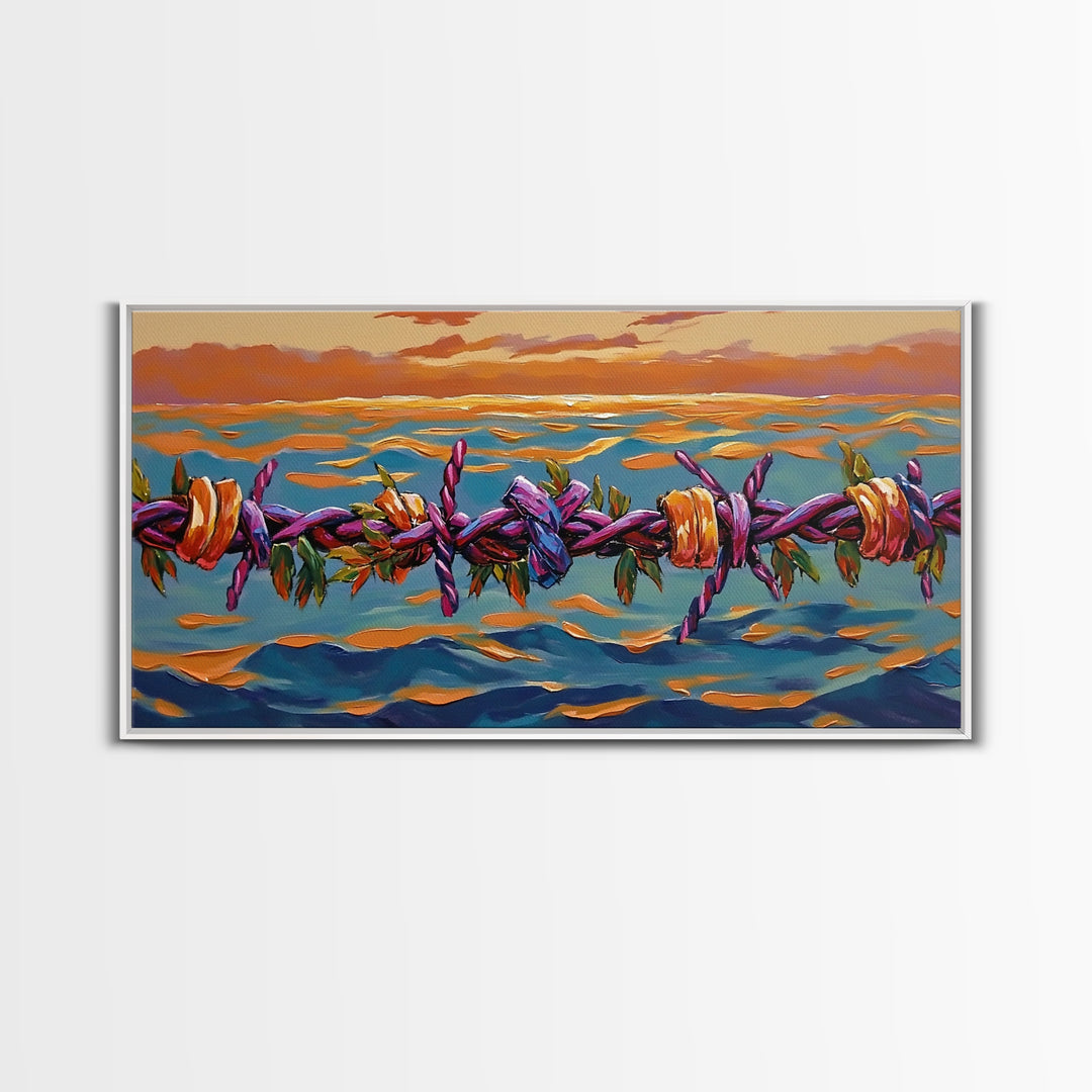Barbed Sunset, Ocean, Framed Canvas Print, Symbolic Ocean Barbed Wire Art, Modern Sunset Expressionist Decor, Unique Office Wall Art