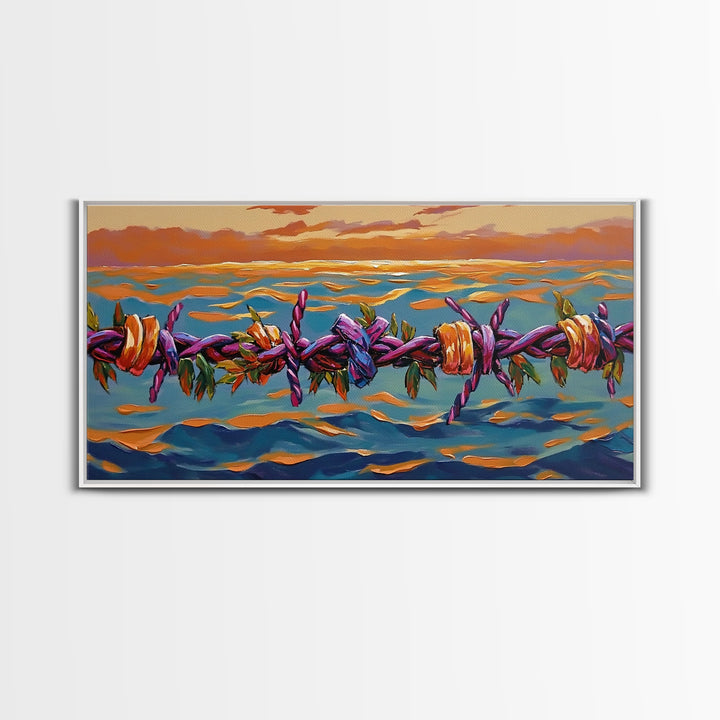 Barbed Sunset, Ocean, Framed Canvas Print, Symbolic Ocean Barbed Wire Art, Modern Sunset Expressionist Decor, Unique Office Wall Art