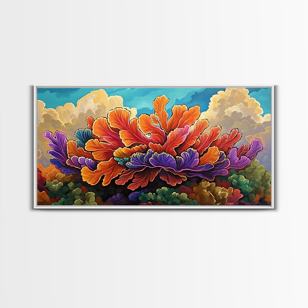 Coral Bloom, Ocean, Framed Canvas Print, Abstract blooming coral reef under dreamy sky painting, Modern Coastal Decor, Bedroom Wall Art