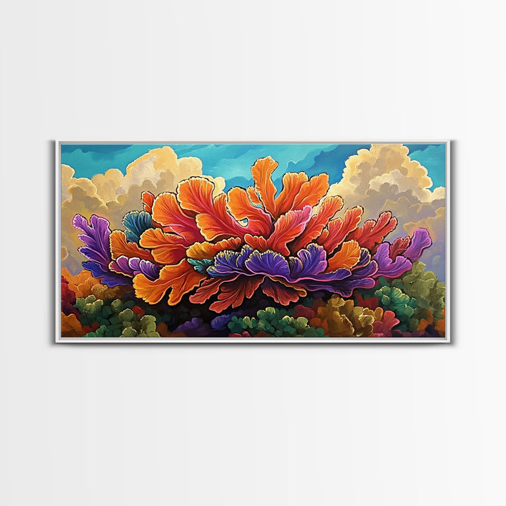 Coral Bloom, Ocean, Framed Canvas Print, Abstract blooming coral reef under dreamy sky painting, Modern Coastal Decor, Bedroom Wall Art