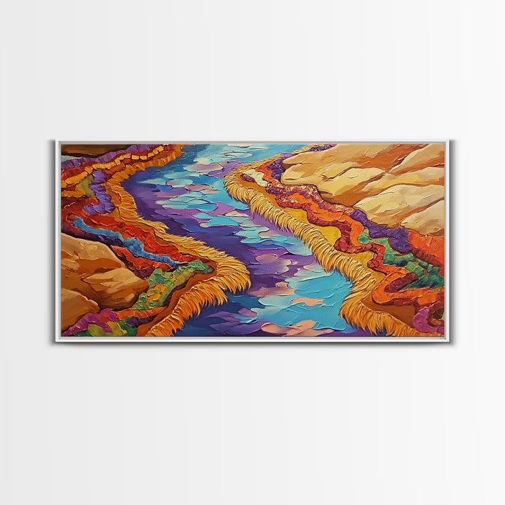 River Abstract, Color, Framed Canvas Print, Textured abstract river canyon painting, Desert Vibe Landscape Art, Hallway Wall Art