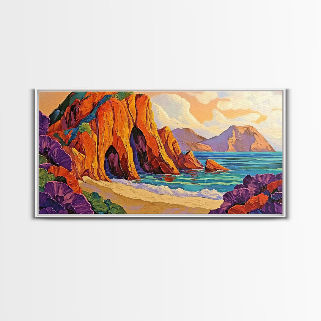 Cliffs Beach, Ocean, Framed Canvas Print, Bold textured coastal cliffs and ocean view painting, Vibrant Summer Decor, Kitchen Wall Art