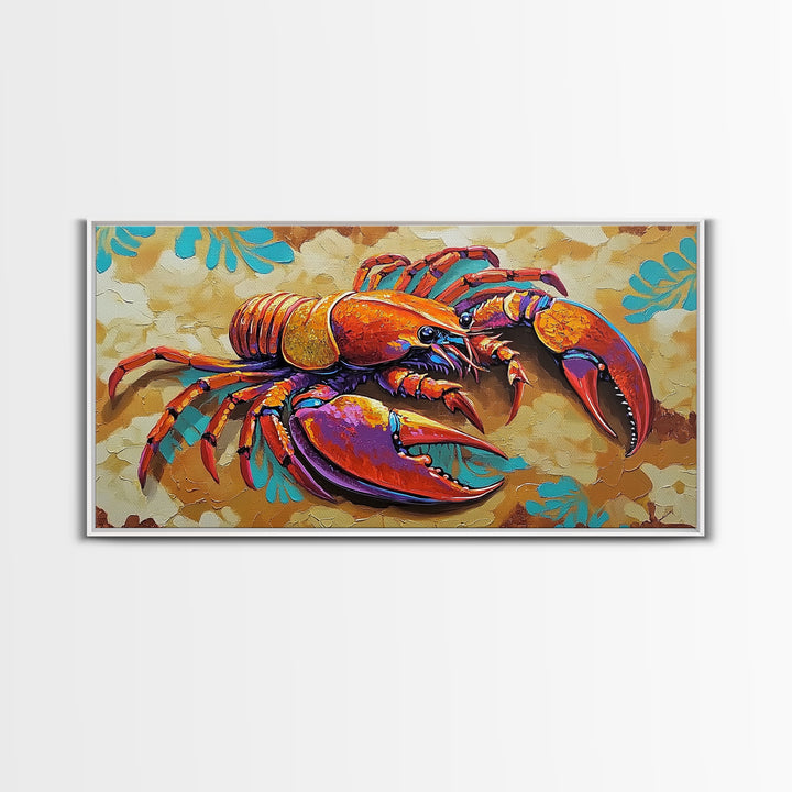 Lobster Coastal, Bold, Framed Canvas Print, Vibrant abstract lobster on sandy background, Nautical Kitchen Decor, Bold Coastal Wall Art