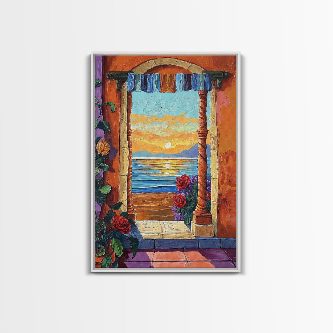 Doorway Sunset, Ocean, Romance, Canvas Print, Mediterranean seascape art, boho romantic wall decor, warm tones, Bedroom or Dining Room