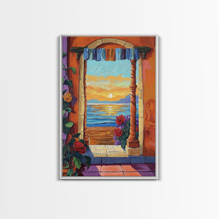 Doorway Sunset, Ocean, Romance, Canvas Print, Mediterranean seascape art, boho romantic wall decor, warm tones, Bedroom or Dining Room