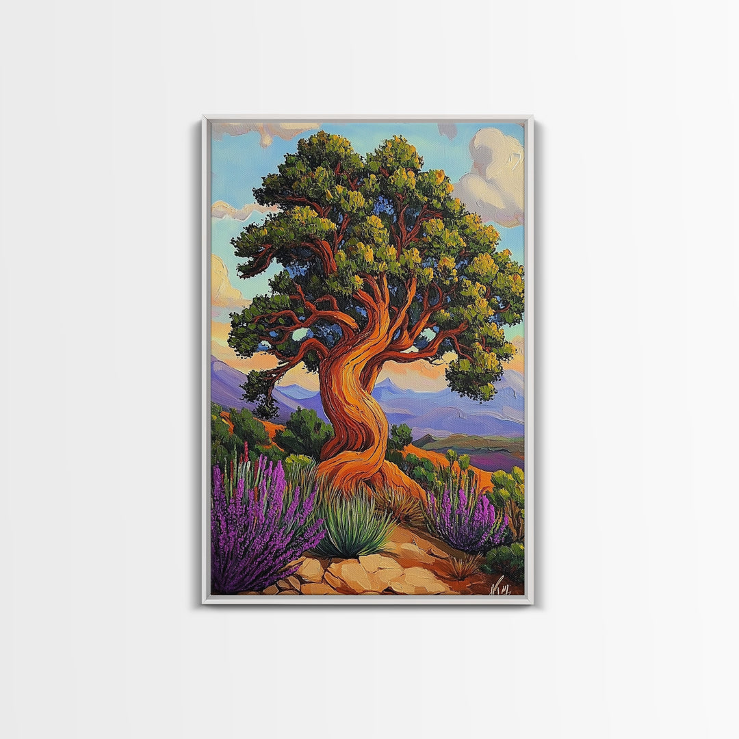 Tree Landscape, Nature, Autumn, Framed Canvas Print twisted pine tree painting, desert sunset landscape, nature wall decor, rustic boho art