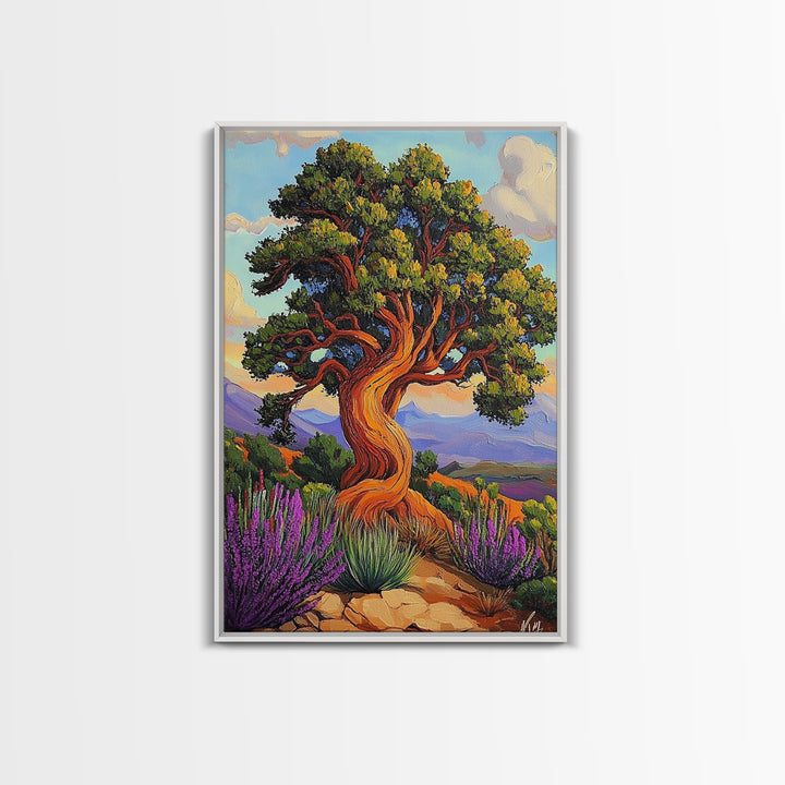 Tree Landscape, Nature, Autumn, Framed Canvas Print twisted pine tree painting, desert sunset landscape, nature wall decor, rustic boho art