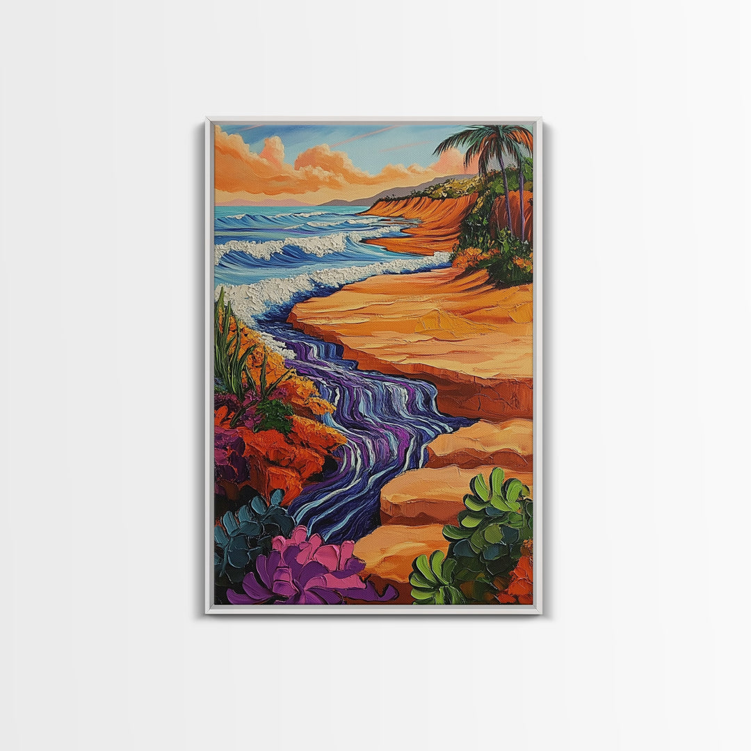 Beach Cliff, Waterfall, Sunset, Canvas Print bold beachside cliff art, ocean waterfall wall decor, coastal boho painting, living room print