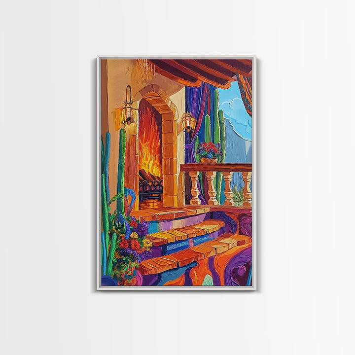 Cozy Hacienda, Fireplace, Terrace, Canvas Print, Southwestern Wall Art, Warm Interior Scene, Kitchen or Dining Room Boho Decor
