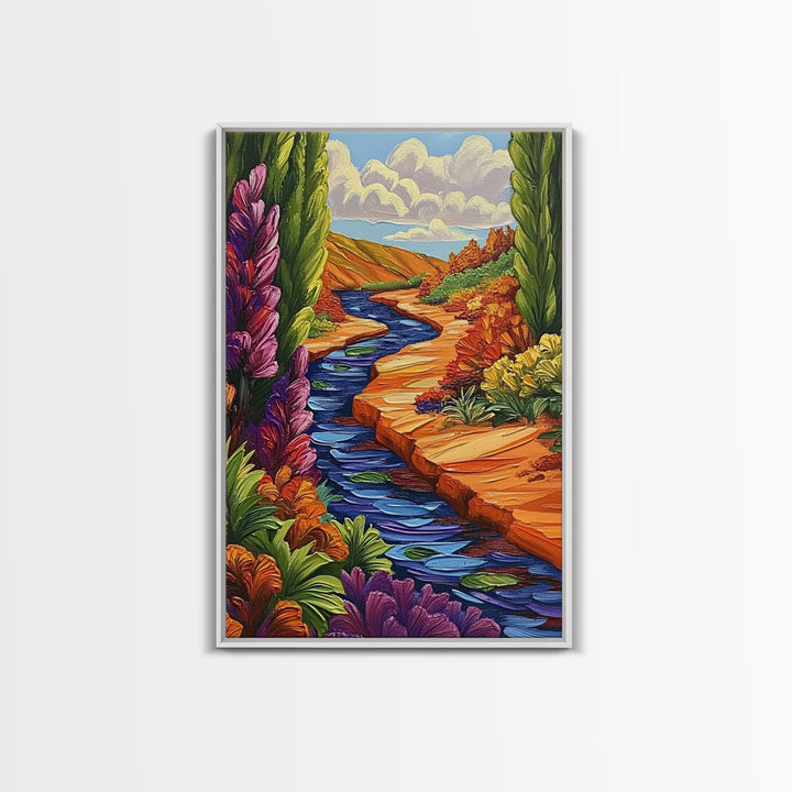 River Canyon, Fall, Flowers, Framed Canvas Print, Autumn Nature Artwork, Cozy Cabin Decor, Warm Earth Tones, Living Room Wall Art