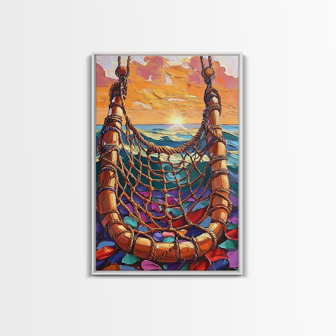 Ocean Hammock, Sunset, Boho, Framed Canvas Print dreamy hammock wall art, ocean sunset boho painting, coastal beach decor, patio art