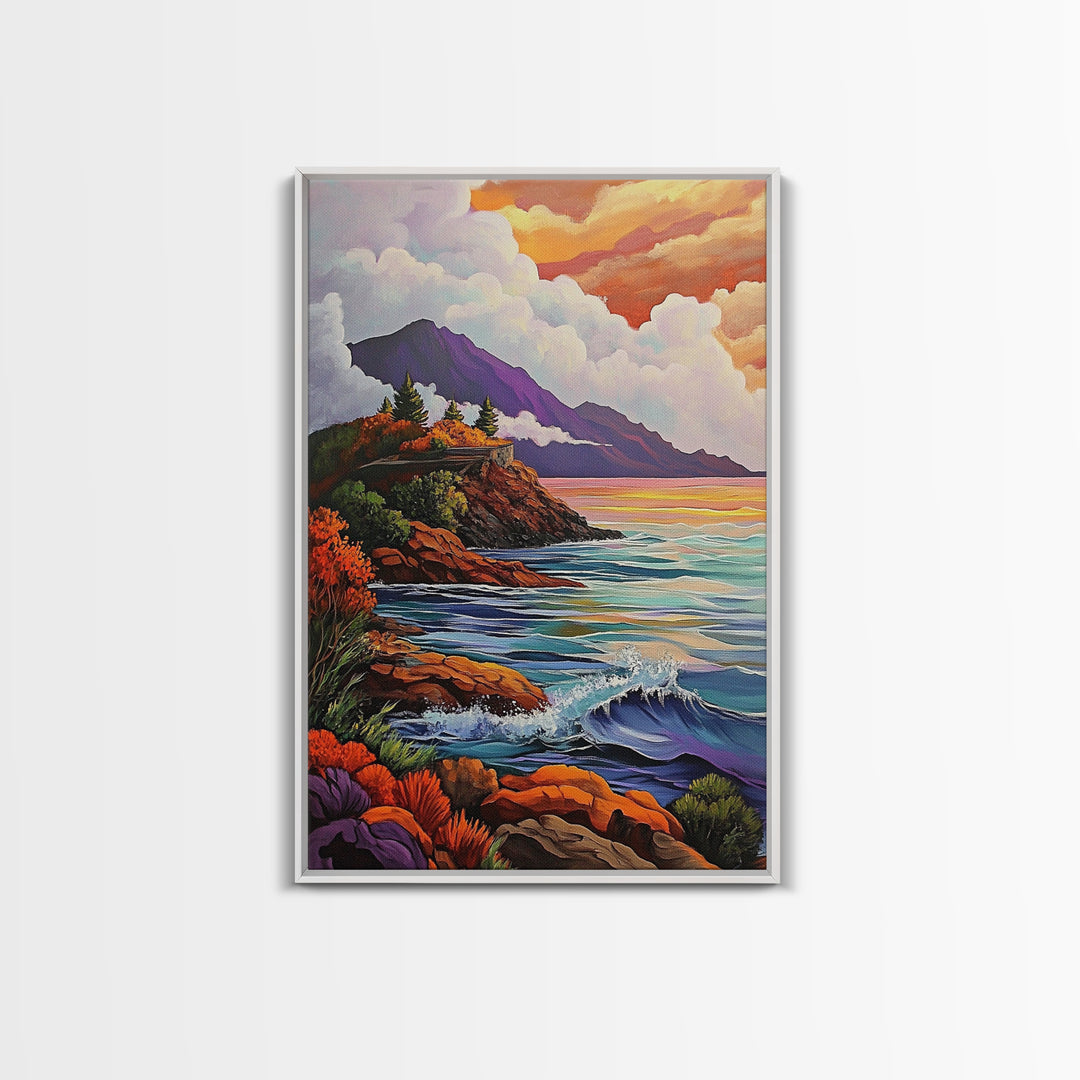 Cliffs Waves, Mountains, Autumn, Framed Canvas Print, coastal cliffs wall art, crashing waves painting, Autumn landscape, living room decor