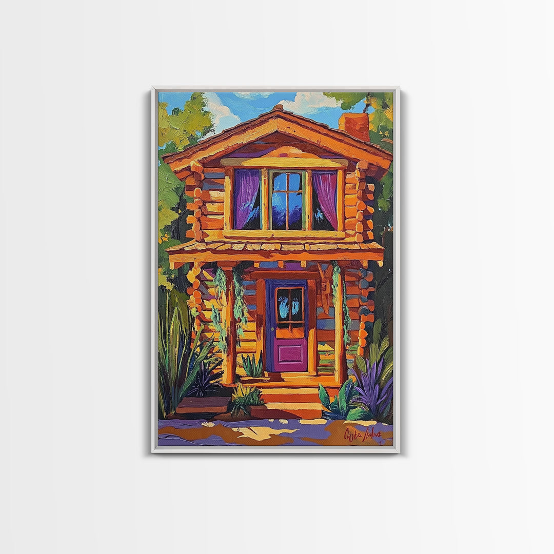 Cabin Cozy, Rustic, Nature, Framed Canvas Print log cabin wall art, autumn home decor, rustic living room print, woodland boho wall decor